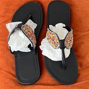 Black Leather Beaded Moroccan African Slip On Thong Sandals Women's EU 40 US 9